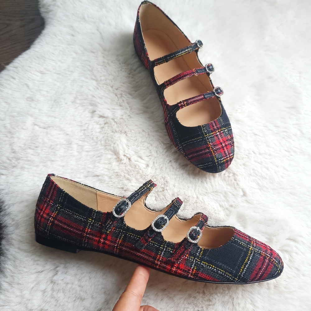 NWOT J CREW Plaid Tartan Three Strap Mary Jane Rhinestone Buckle Flats